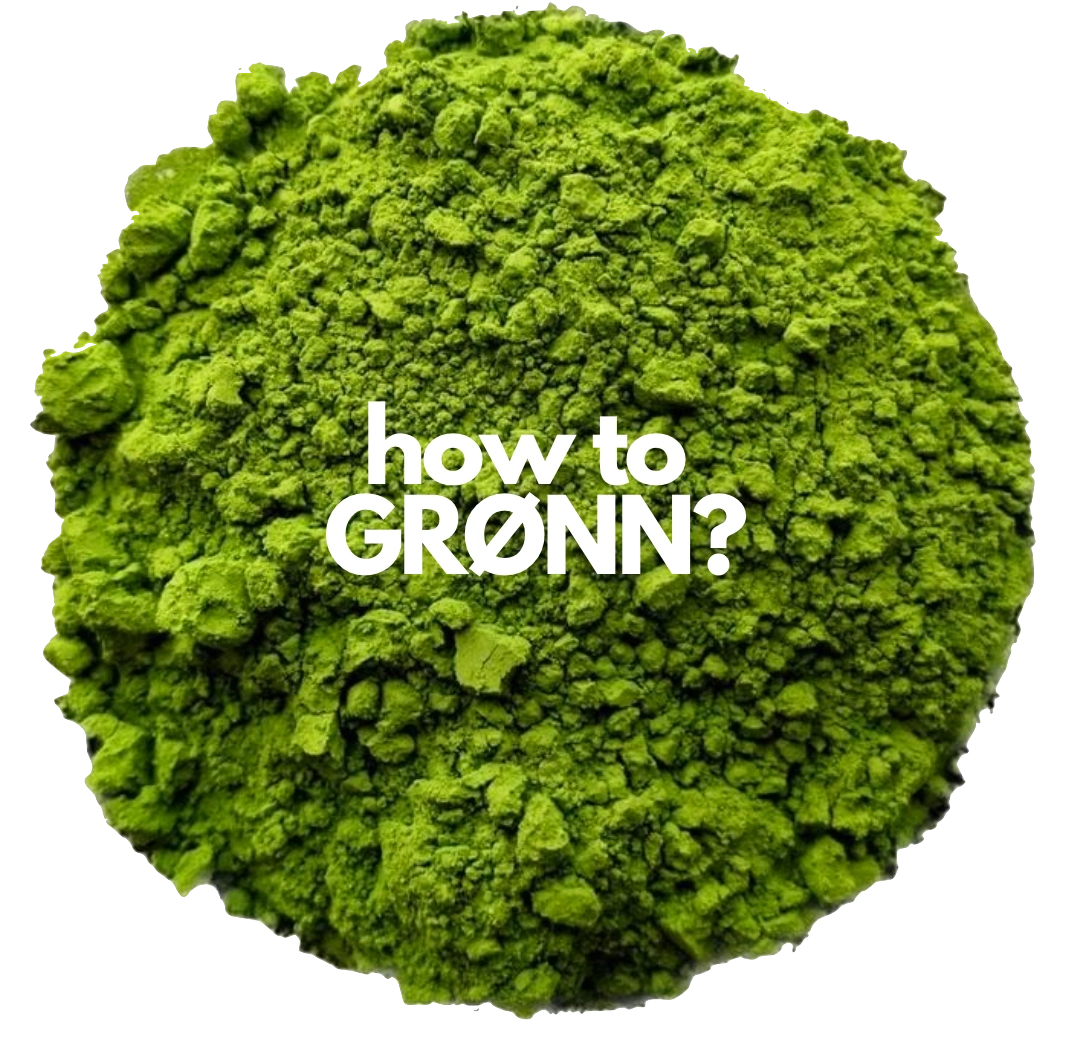 Image of vibrant green matcha powder in a zoomed view with title "how to GRØNN?" over the image.